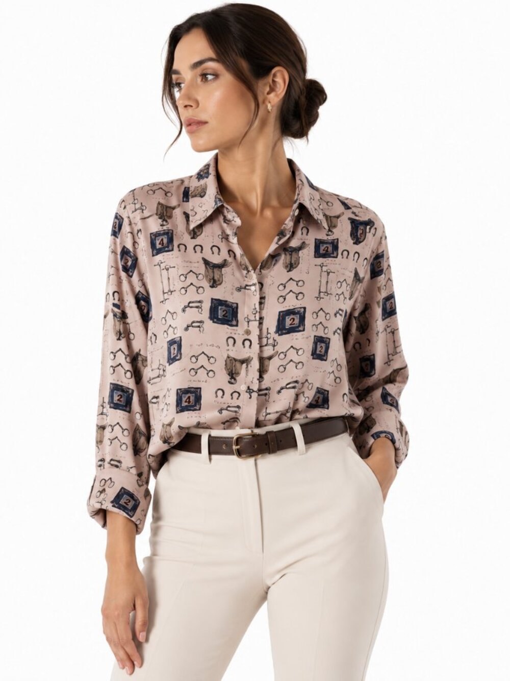 ISHYU Silk Equestrian Shirt Womens 6 Horse Bit Scarf Print 80s 90s Vintage